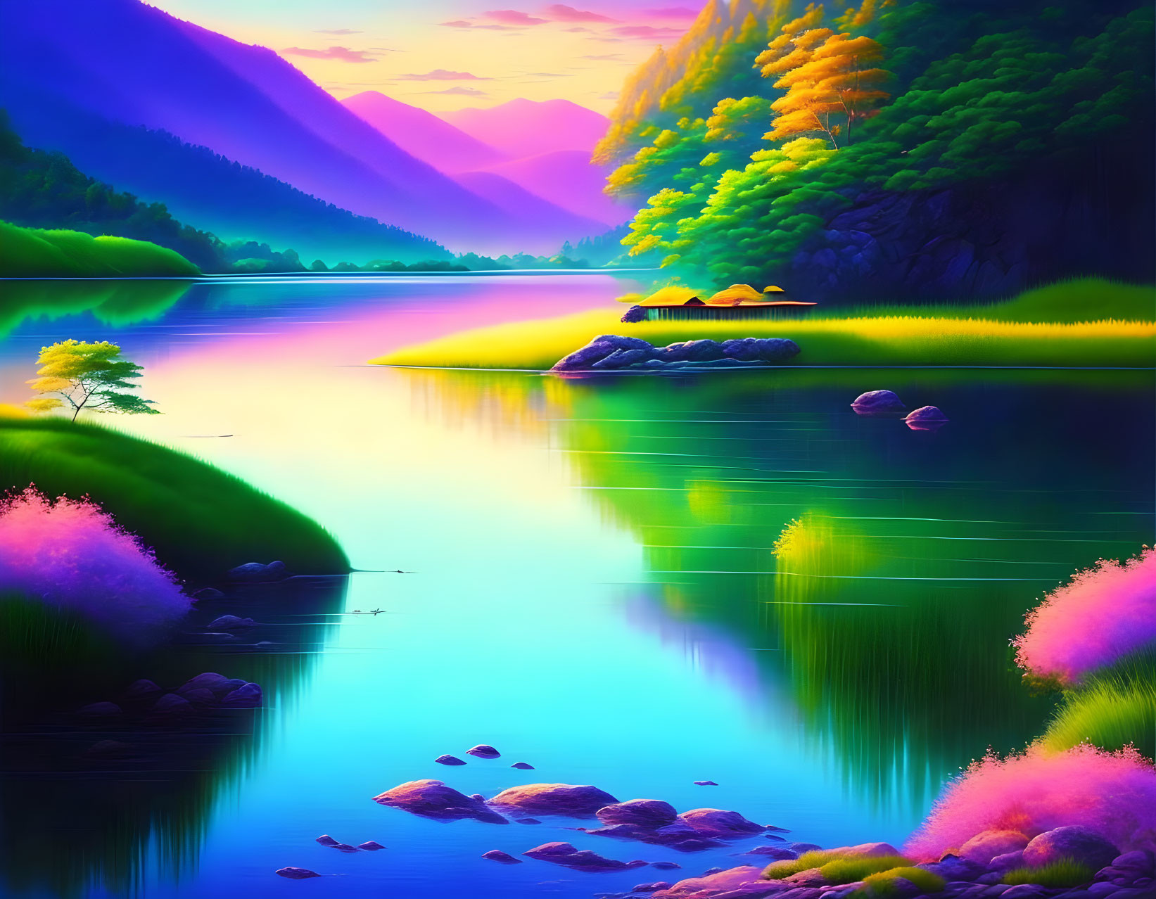 Colorful digital art landscape of serene river, flora, hut, mountains, sunset sky