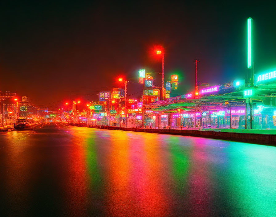 Colorful Neon Signs Reflecting on Wet City Street at Night