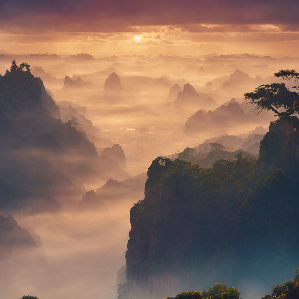 Mystical sunrise over rugged mountain range with mist layers and lone tree