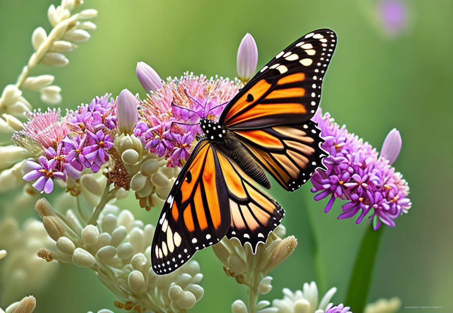 Monarch butterfly on pink flowers with green background