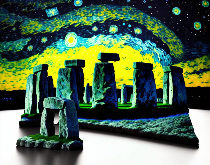 Surreal Stonehenge Scene with Colorful Starry Sky