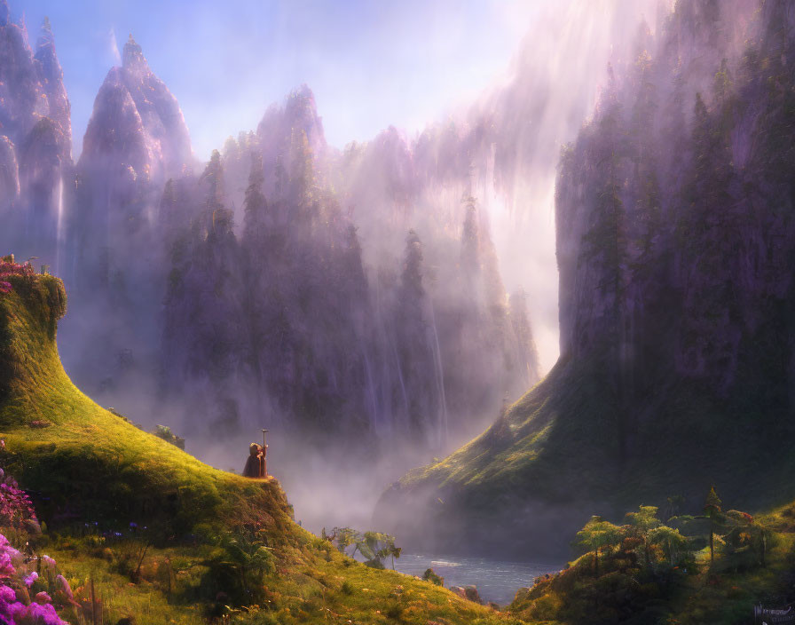 Fantasy landscape with cliffs, waterfalls, and misty ambience overlooking a lone figure