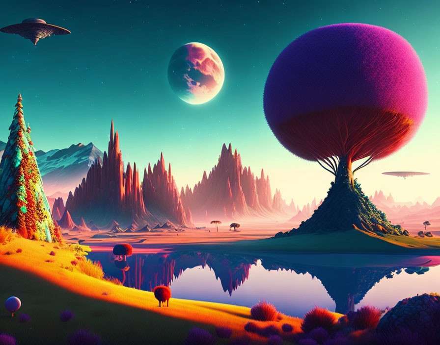 Colorful fantasy landscape with purple tree, mountains, lake, creatures, saucers, and moon