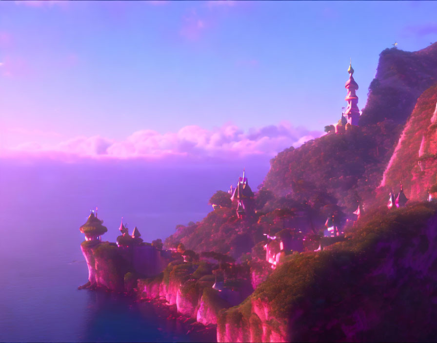 Purple-hued landscape with whimsical castles on lush cliffs above clouds at sunrise/sunset