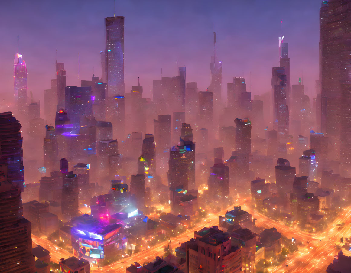 Futuristic cityscape at twilight: dense skyscrapers, mist, neon lights