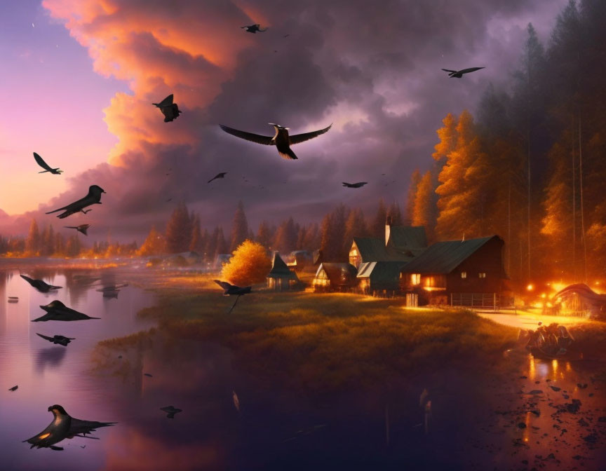 Serene lake at twilight with birds, lit cabins, and autumn trees