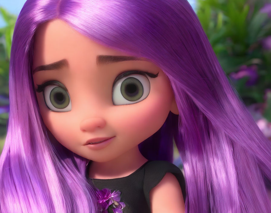 Close-up 3D animated girl with green eyes and purple hair on floral backdrop