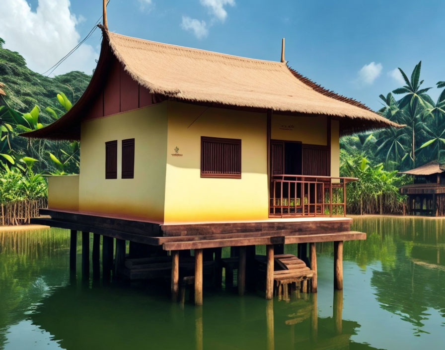 Thatched Roof Stilt House by River in Tropical Setting