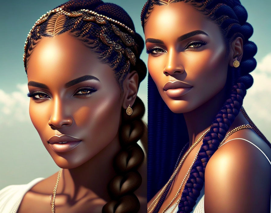 Digital portraits of woman with braided hair and golden earrings on warm backdrop