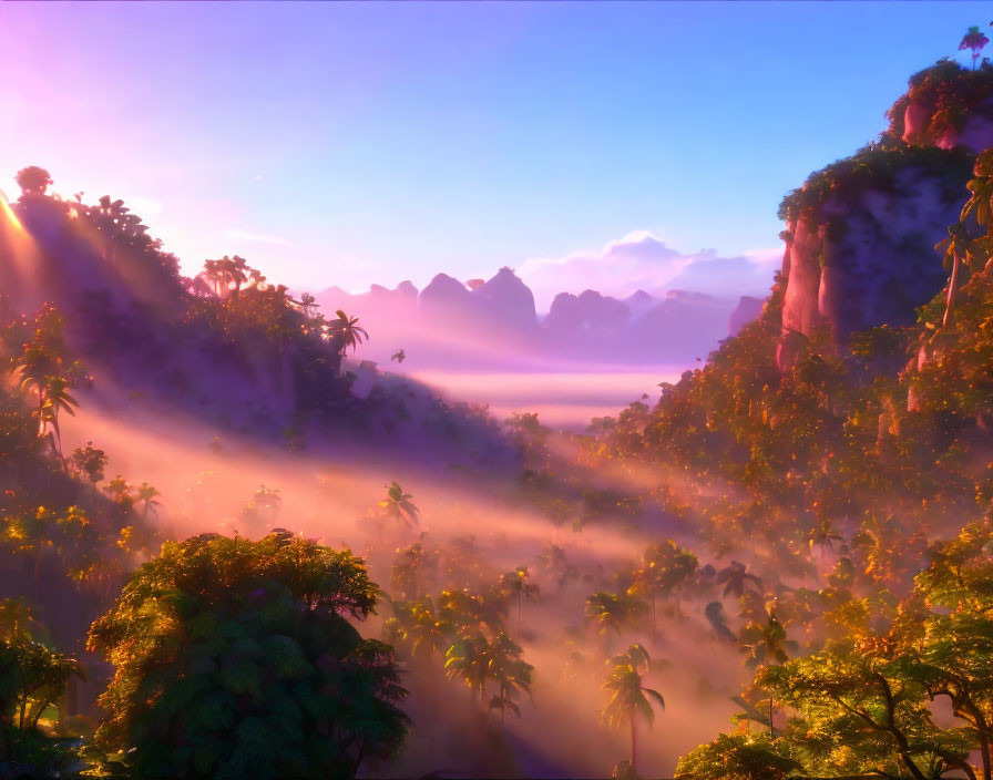 Misty tropical forest at sunrise with cliffs & greenery