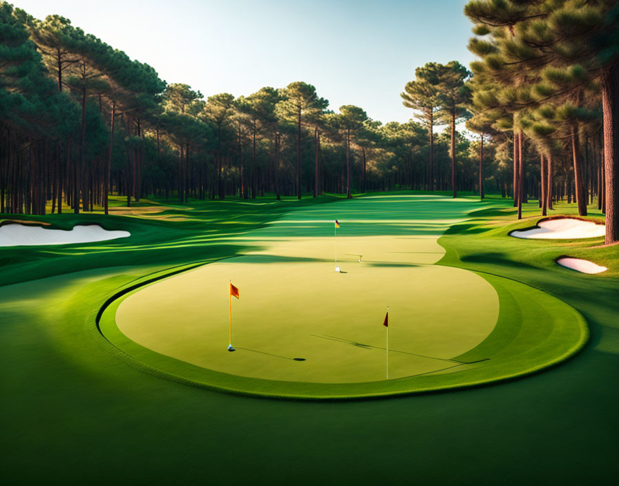 Scenic golf course with green fairways, sand bunkers, and pine trees