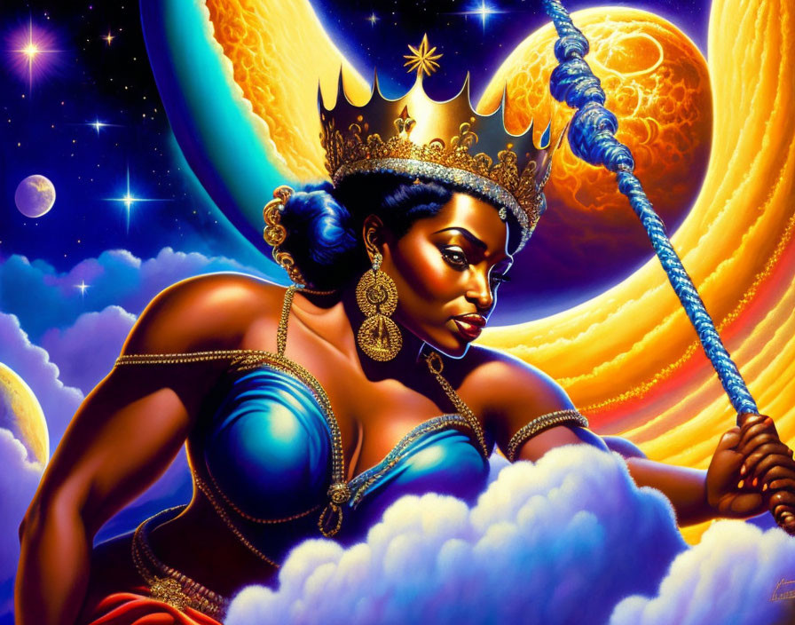 Regal woman with crown and staff in celestial setting