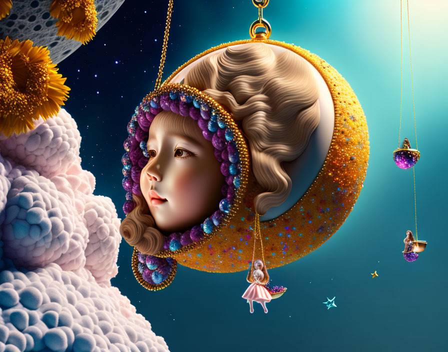 Surreal artwork featuring girl's face in orange crescent moon with swinging figures on stars