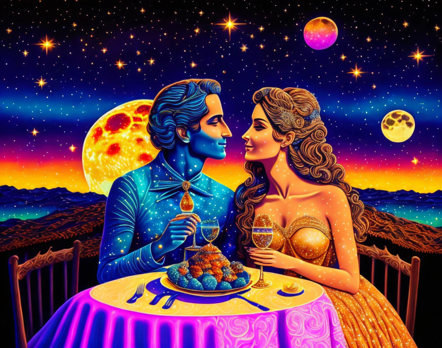 Colorful illustration: Blue-skinned man and woman with wine glasses in cosmic setting