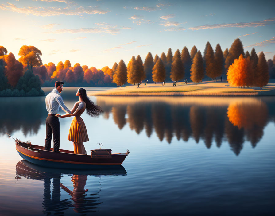 Couple Holding Hands in Boat on Tranquil Autumn Lake