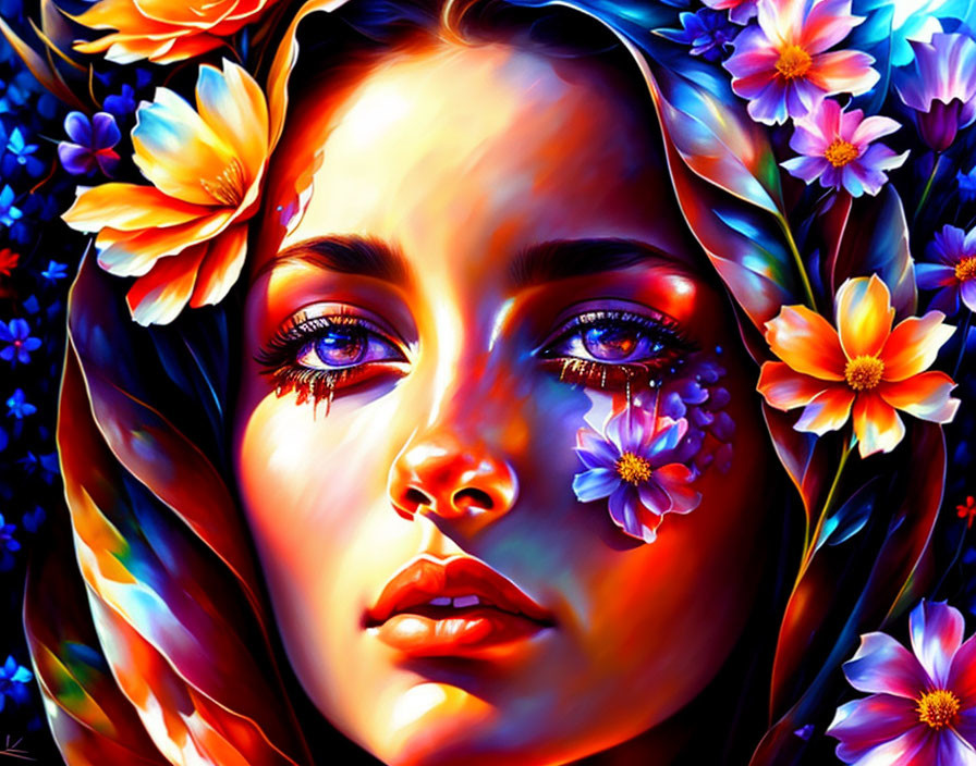 Colorful portrait of woman with flowers in her hair and expressive eyes