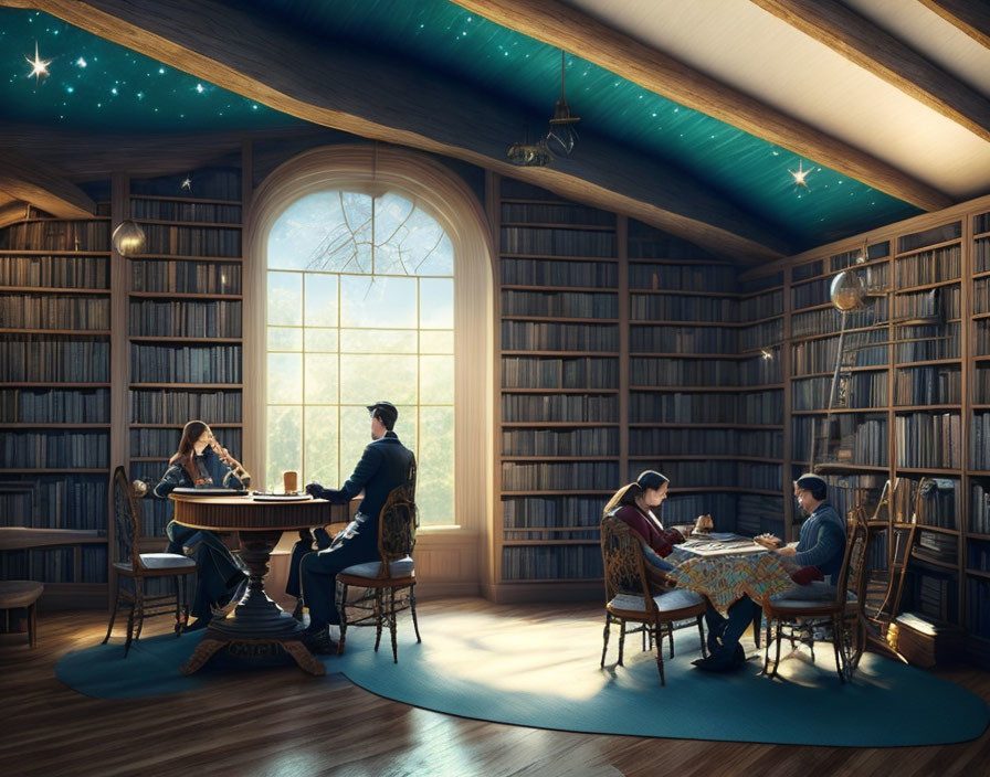 Spacious library with high ceilings, bookshelves, and starlit view.