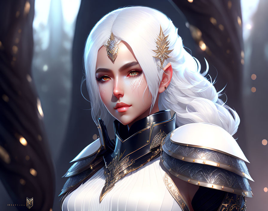 Digital artwork: Female with white hair, golden armor, intricate designs, ethereal forest background