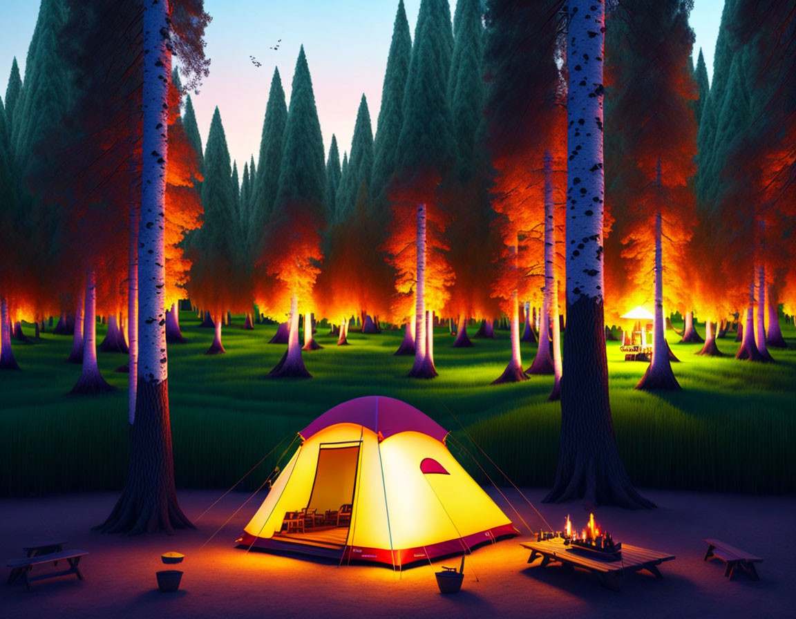 Tranquil twilight camping scene with glowing tent, campfire, and illuminated trees