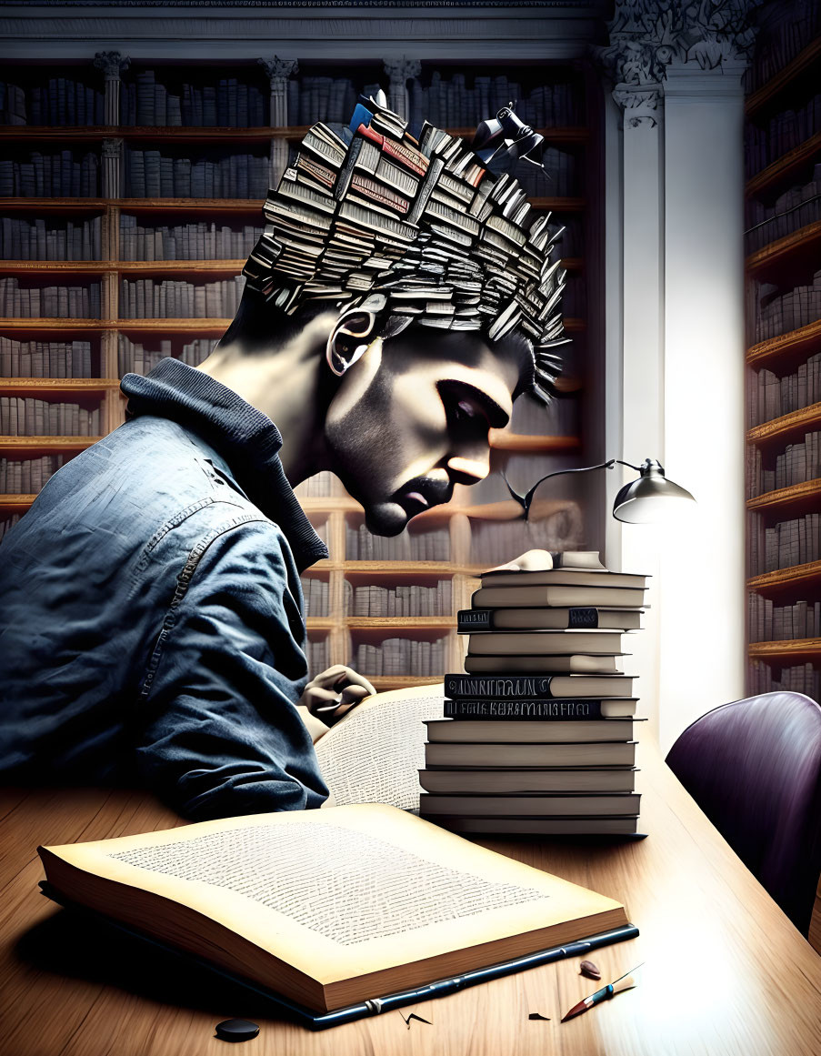 Digital artwork: Person with book page head at desk in library