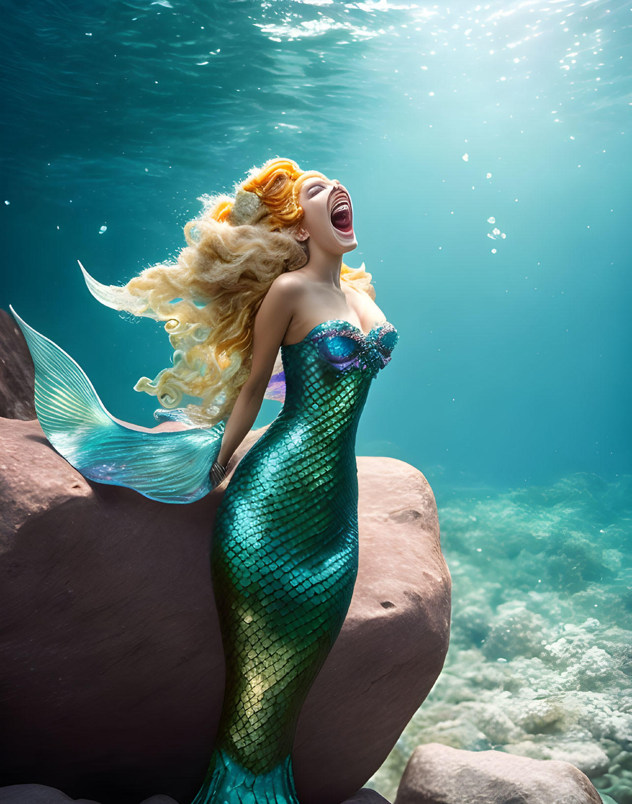 Golden-haired mermaid with iridescent tail on rock underwater