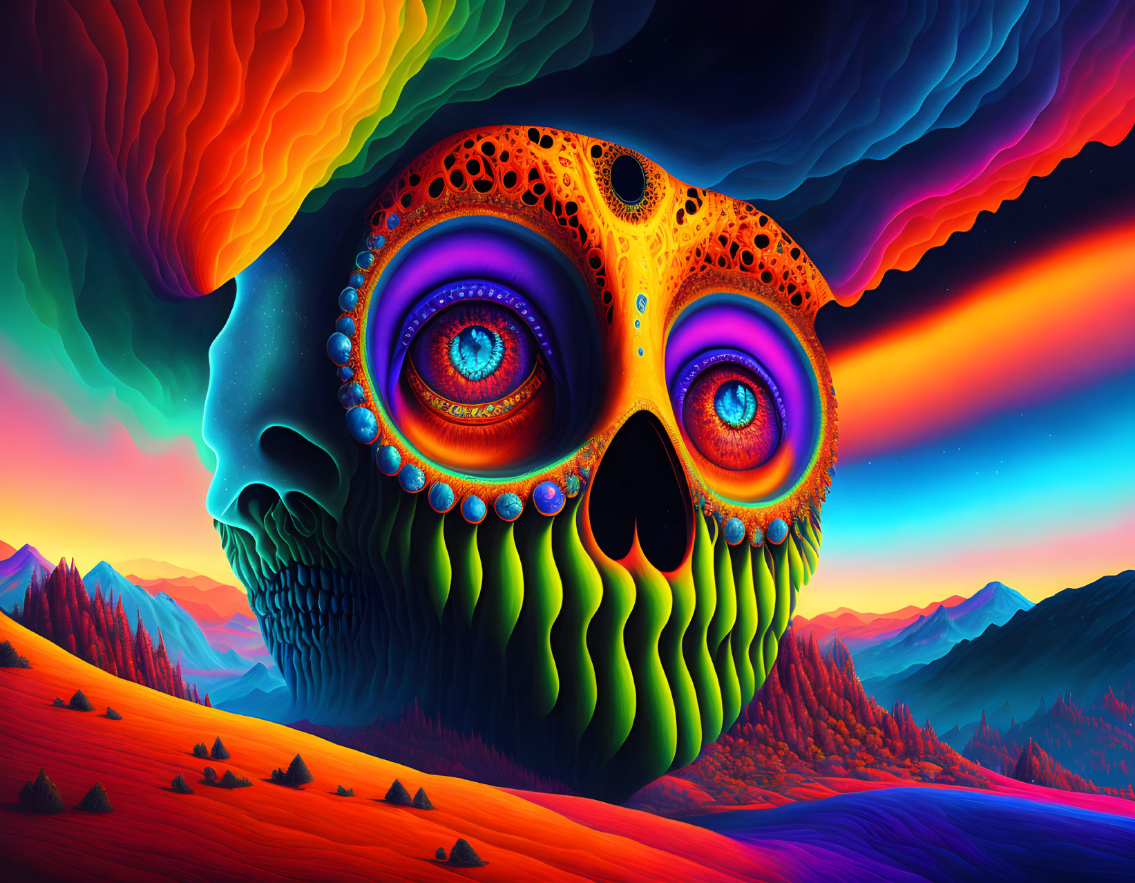 Colorful Psychedelic Skull Illustration on Surreal Landscape