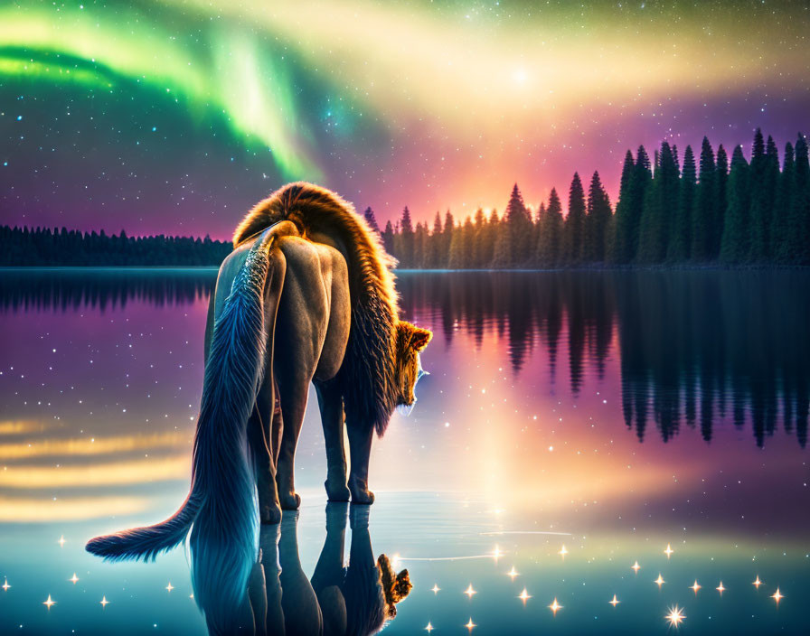 Majestic lion by tranquil lake under vibrant Northern Lights