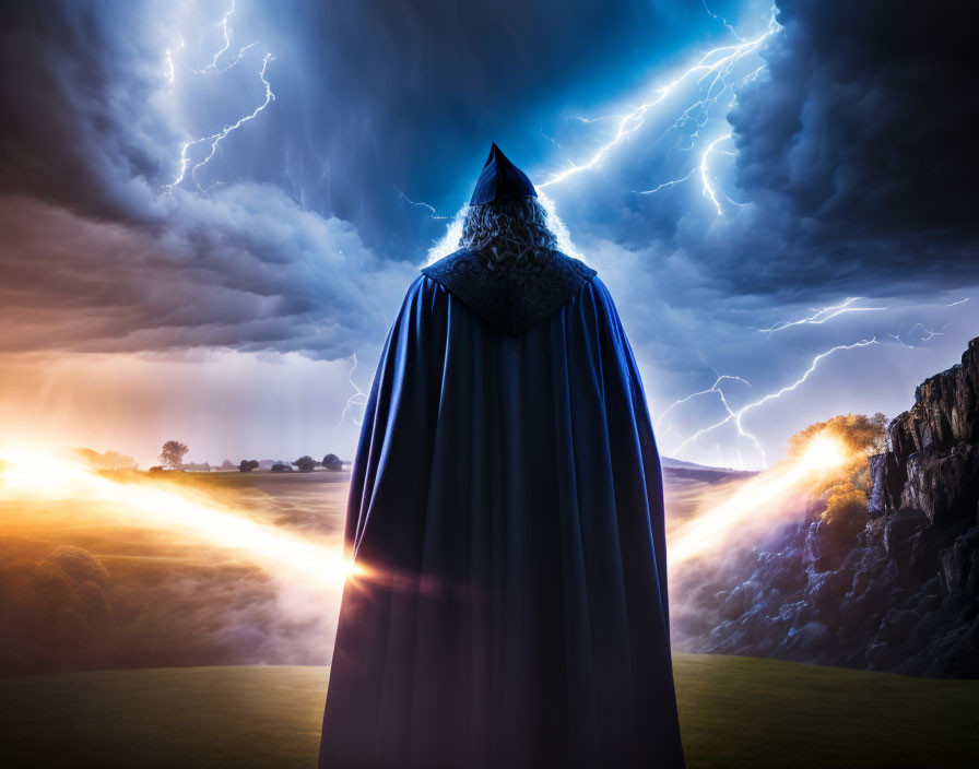 Cloaked figure in stormy landscape with lightning bolts