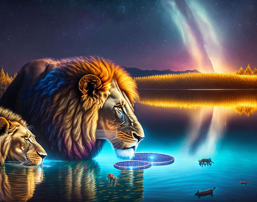 Cosmic mane lions by serene lake under starry night sky.