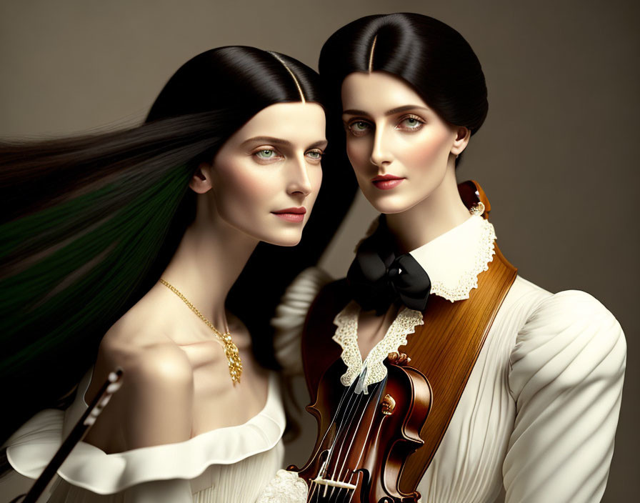 Two women with sleek hair in vintage attire, one holding a violin.