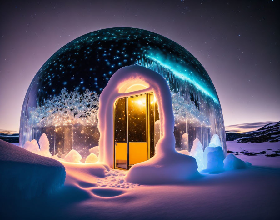 Transparent Dome Glowing in Snowy Landscape Under Starry Sky