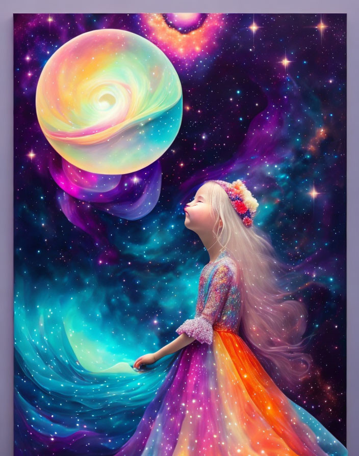 Girl in floral crown gazes at swirling galaxy with planets and stars.