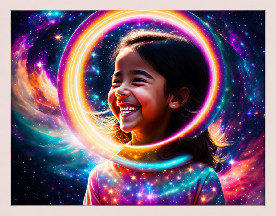 Young girl smiling with vibrant cosmic swirl symbolizing imagination.