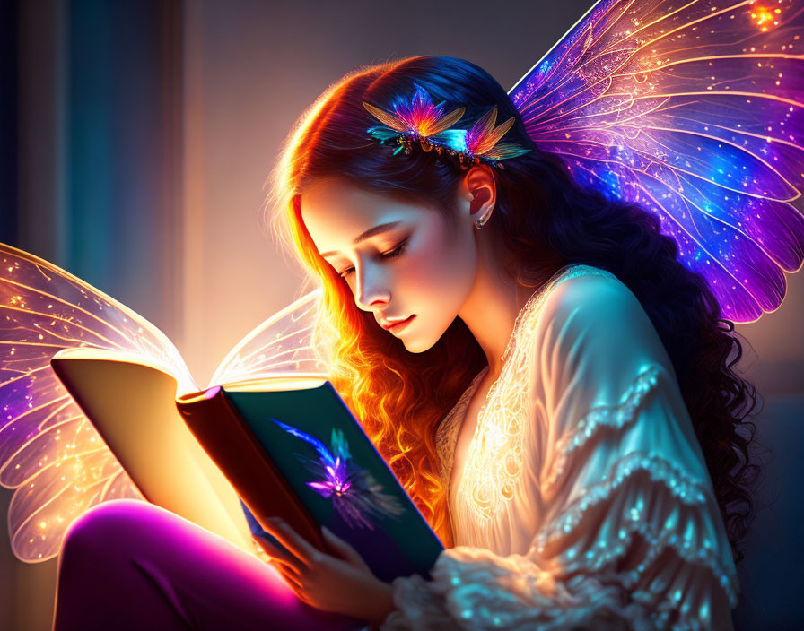 Colorful Winged Fairy Reading Glowing Magical Book