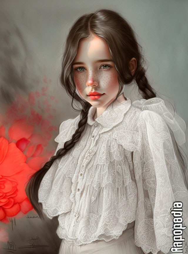 Young girl with long braids in white lace blouse, rosy cheeks, thoughtful gaze, red background