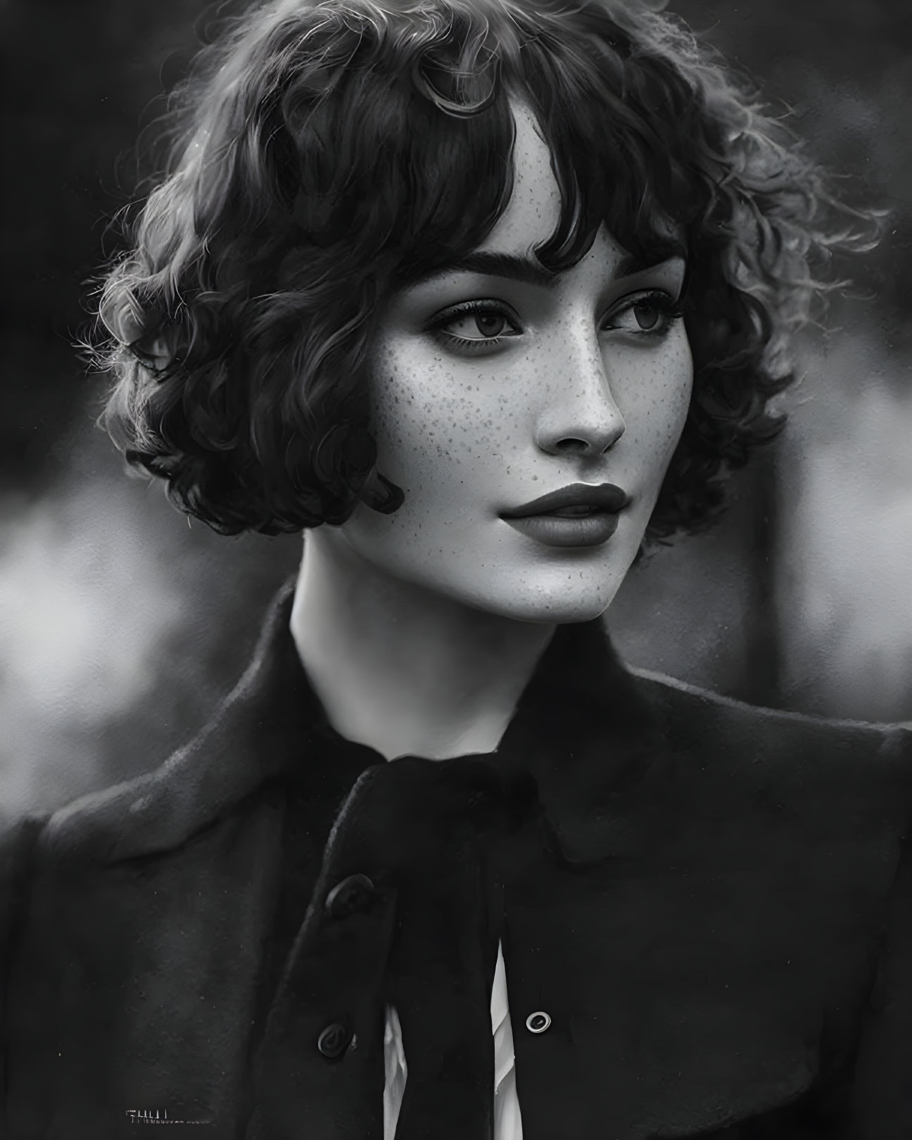 Monochrome portrait of woman with bobbed curly hair, freckles, and collared coat