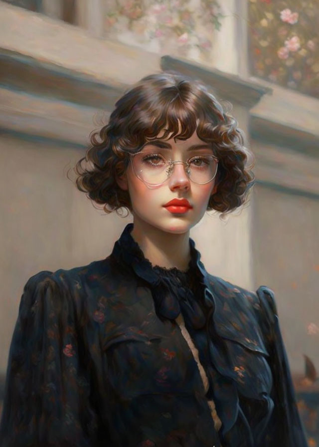 Curly-Haired Woman in Glasses with Dark Floral Blouse