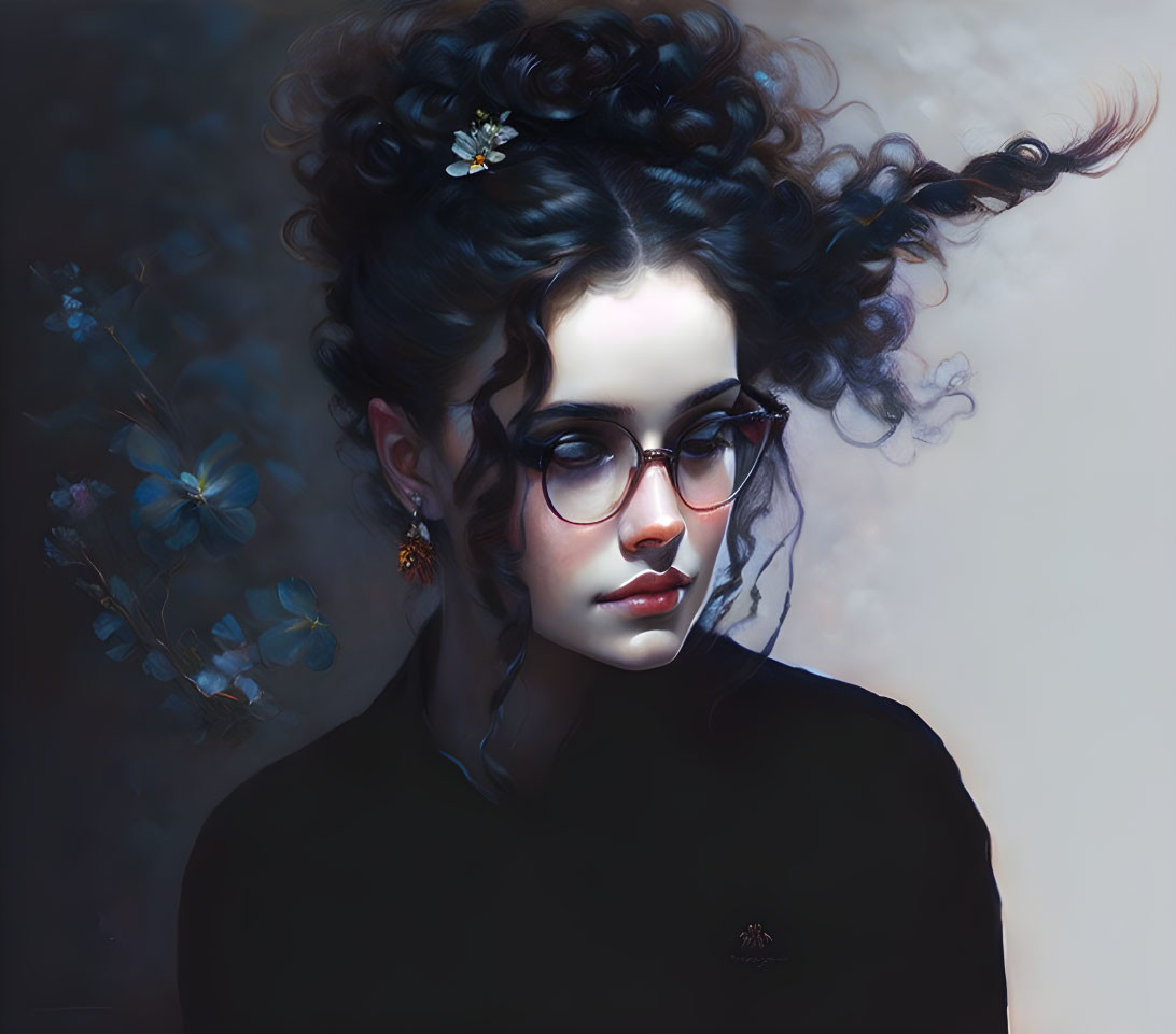 Portrait of woman with curly hair, glasses, flowers, and butterflies on dark background