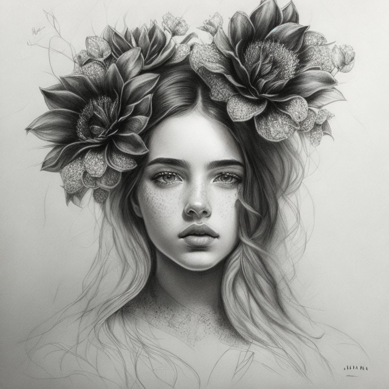 Detailed pencil drawing of woman with flower crown: soft shading, realistic features