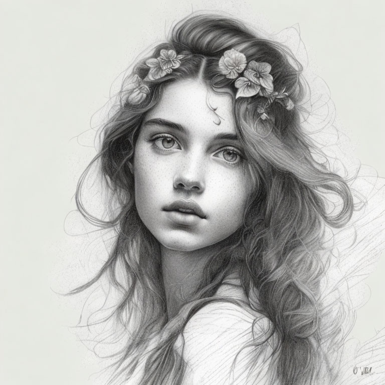 Detailed pencil portrait of young woman with wavy hair and floral adornments