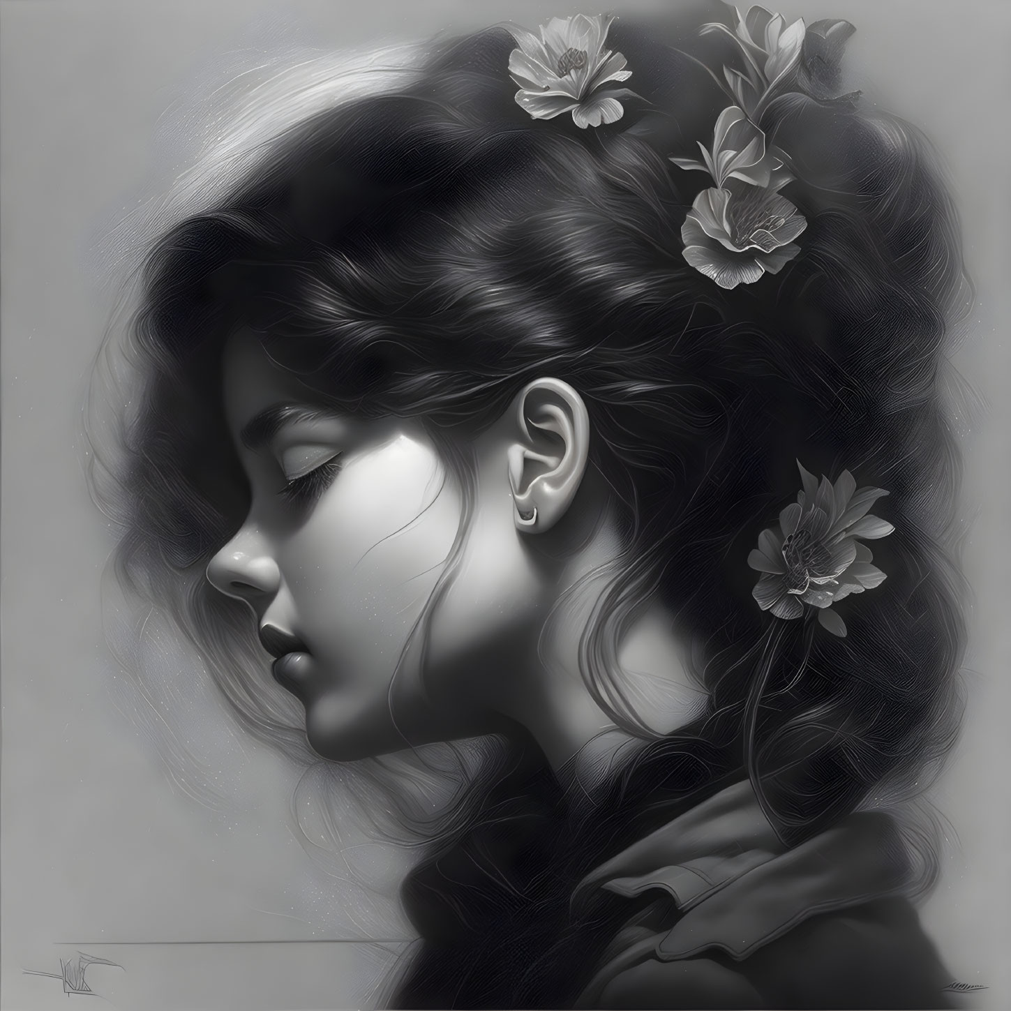 Serene woman profile with flowers in wavy hair