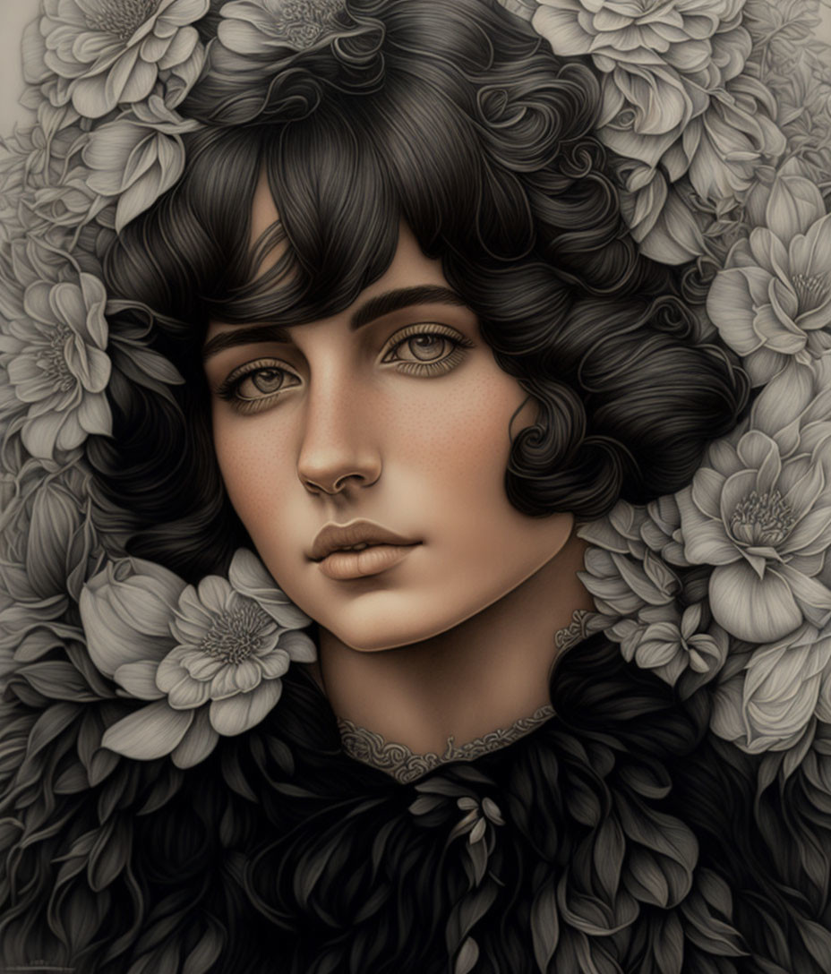 Detailed Illustration of Woman with Dark Curly Hair and Floral Design