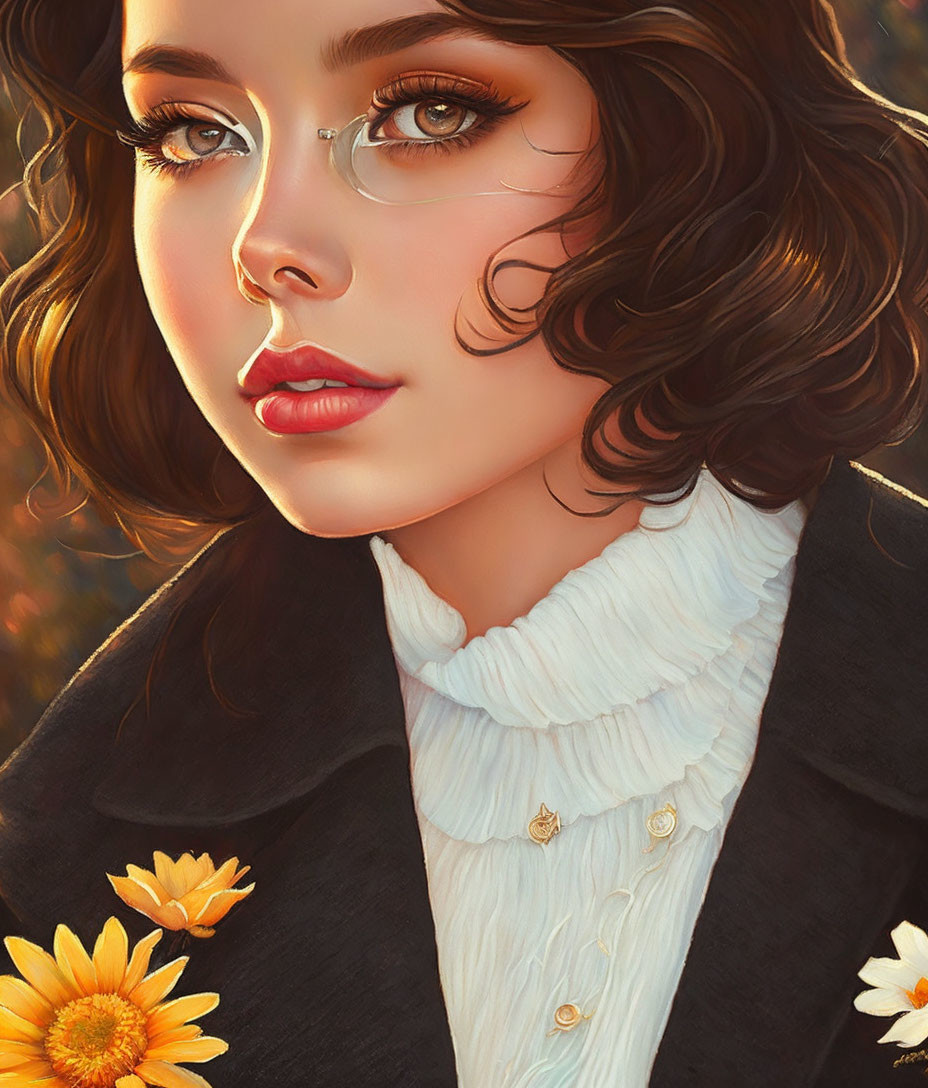 Young woman's digital portrait with curly hair, brown eyes, sunflowers, and vintage attire.