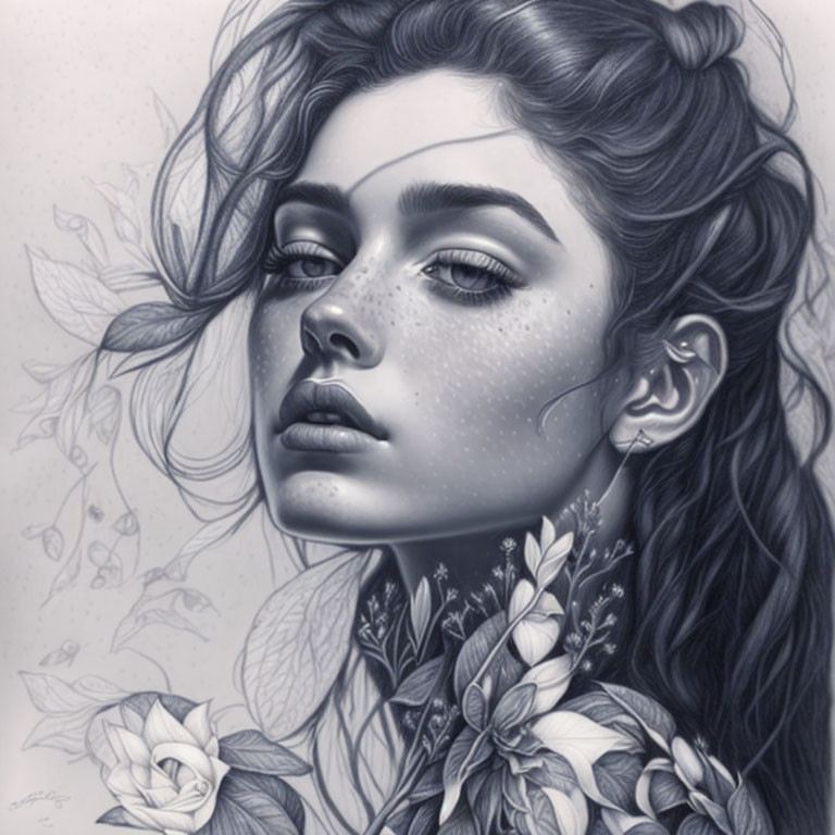 Detailed pencil illustration of woman with floral hair design