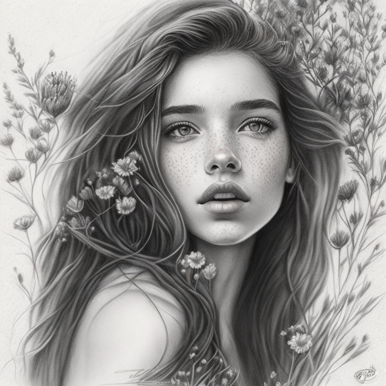 Monochrome sketch of a young woman with freckles and flowers in her hair