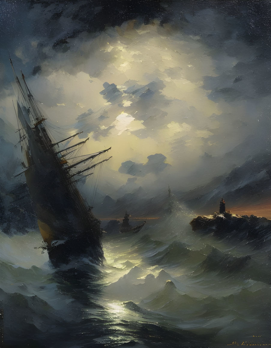 Stormy Night Seascape with Sailing Ship, Small Boat, and Lighthouse