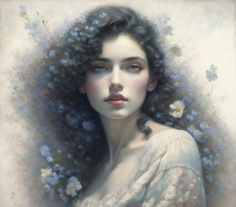 Woman's Portrait with Voluminous Curly Hair and Delicate Flowers