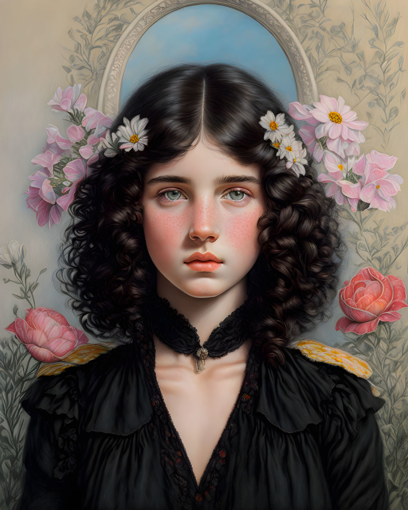 Portrait of a young girl with curly black hair and blue eyes