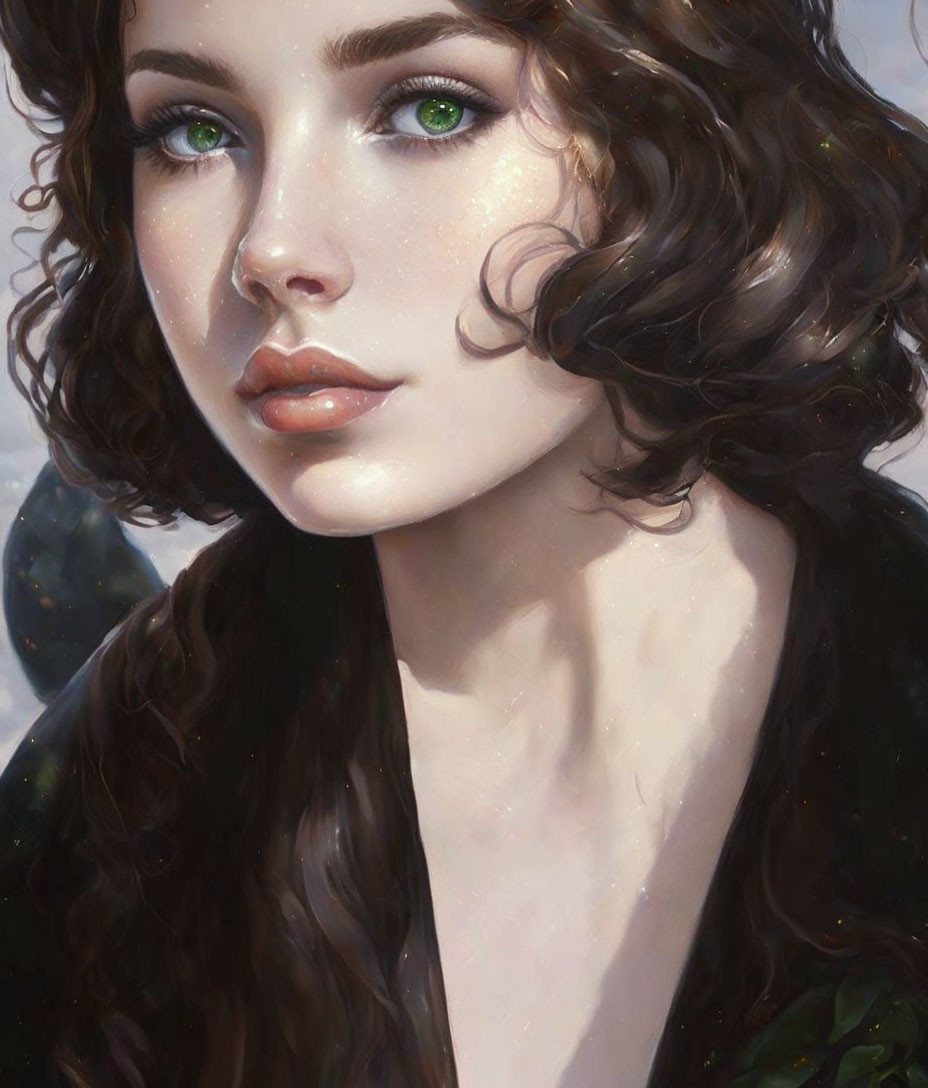 Portrait of a Woman with Wavy Brown Hair and Green Eyes