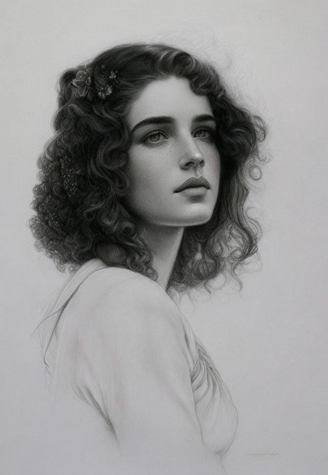 Monochrome portrait of young woman with curly hair and flowers.